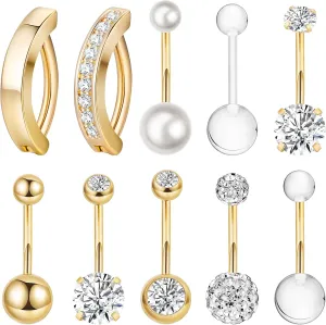 10Pcs 14G Stainless Steel Belly Button Rings for Women Reverse Curved Clicker Navel Rings Cubic Zirconia Belly Piercing Jewelry Set
