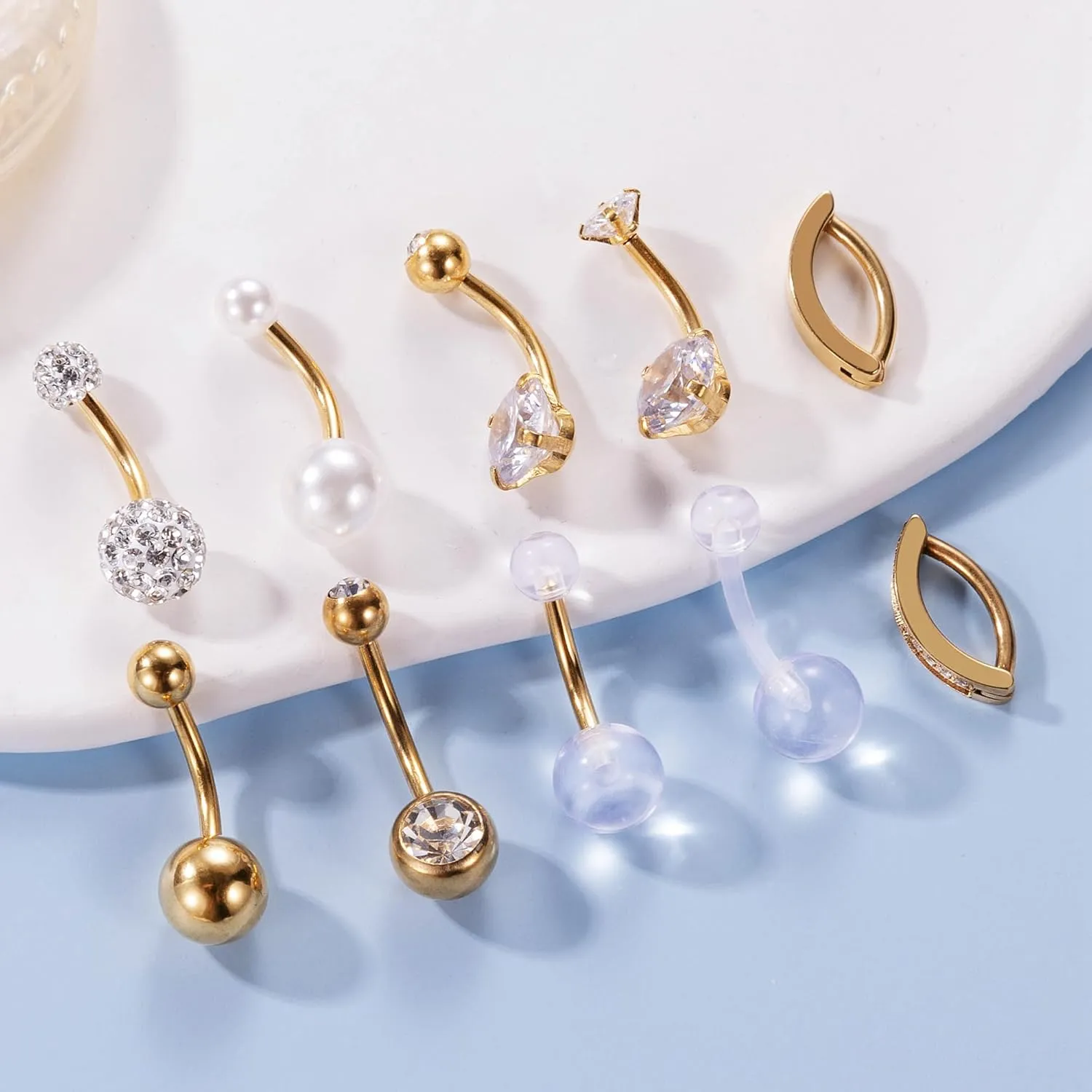 10Pcs 14G Stainless Steel Belly Button Rings for Women Reverse Curved Clicker Navel Rings Cubic Zirconia Belly Piercing Jewelry Set