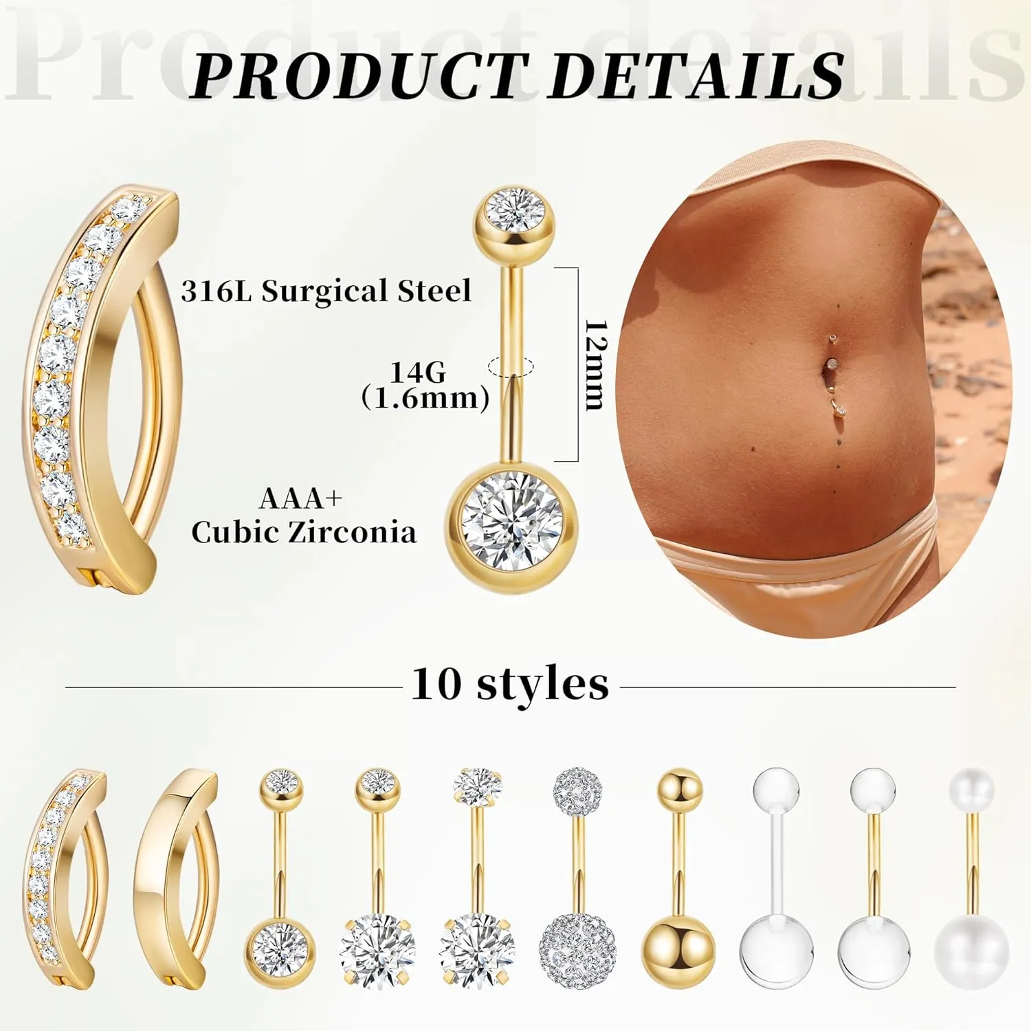10Pcs 14G Stainless Steel Belly Button Rings for Women Reverse Curved Clicker Navel Rings Cubic Zirconia Belly Piercing Jewelry Set