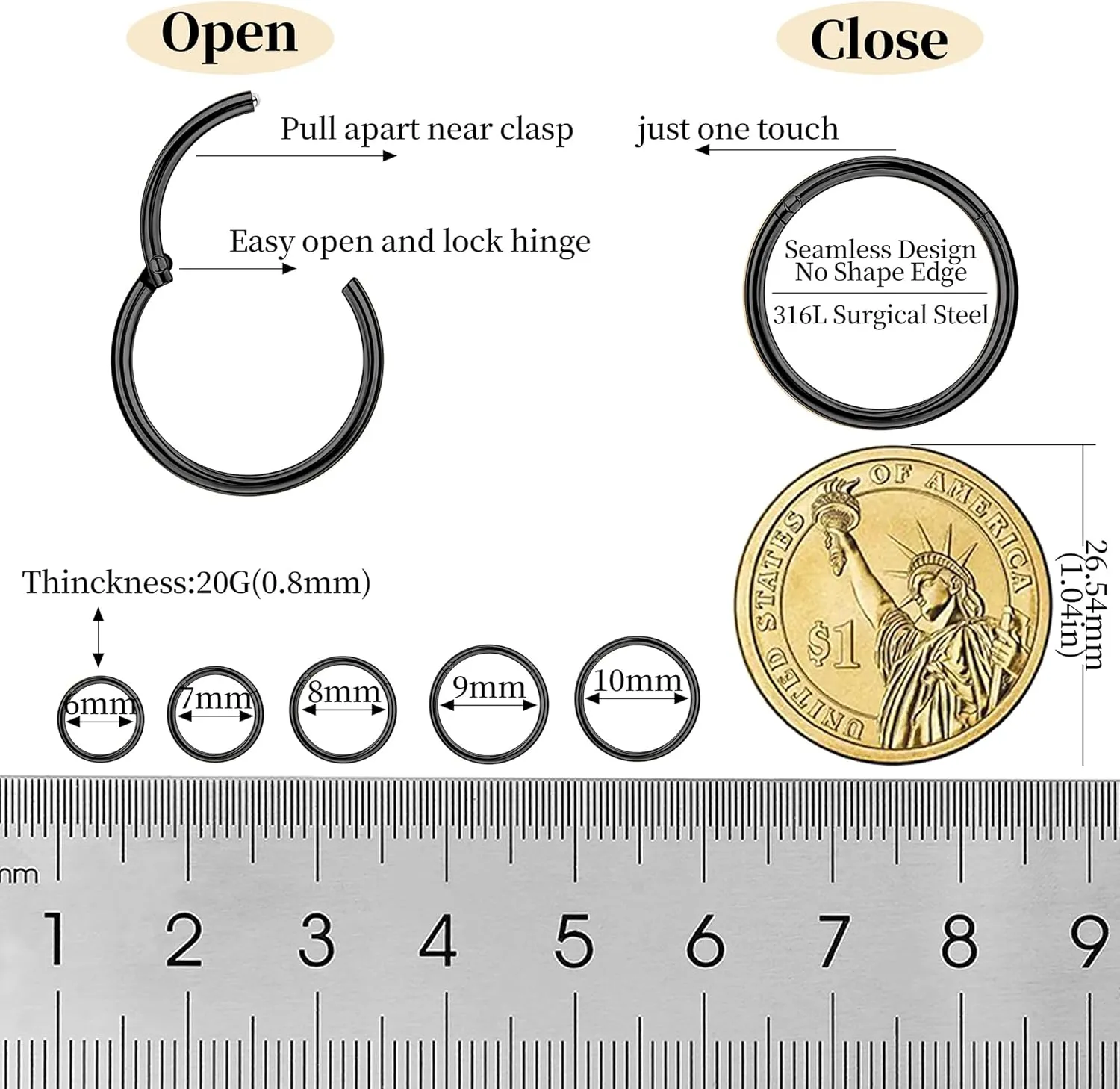 10Pcs 18G 20G Surgical Steel Nose Rings Hoops for Women Men Hinged Seamless Clicker Nose Hoops Cartilage Helix Tragus Daith Sleeper Earrings Hoop Hypoallergenic Nose Piercing 6/7/8/9/10MM