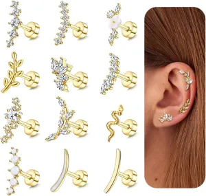 12 Pcs 16G Gold Silver Cartilage Earring for Women Stainless Steel Star Flower Leaf Snake Opal CZ Stud Earrings Cartilage Helix Conch Piercing Jewelry for Women