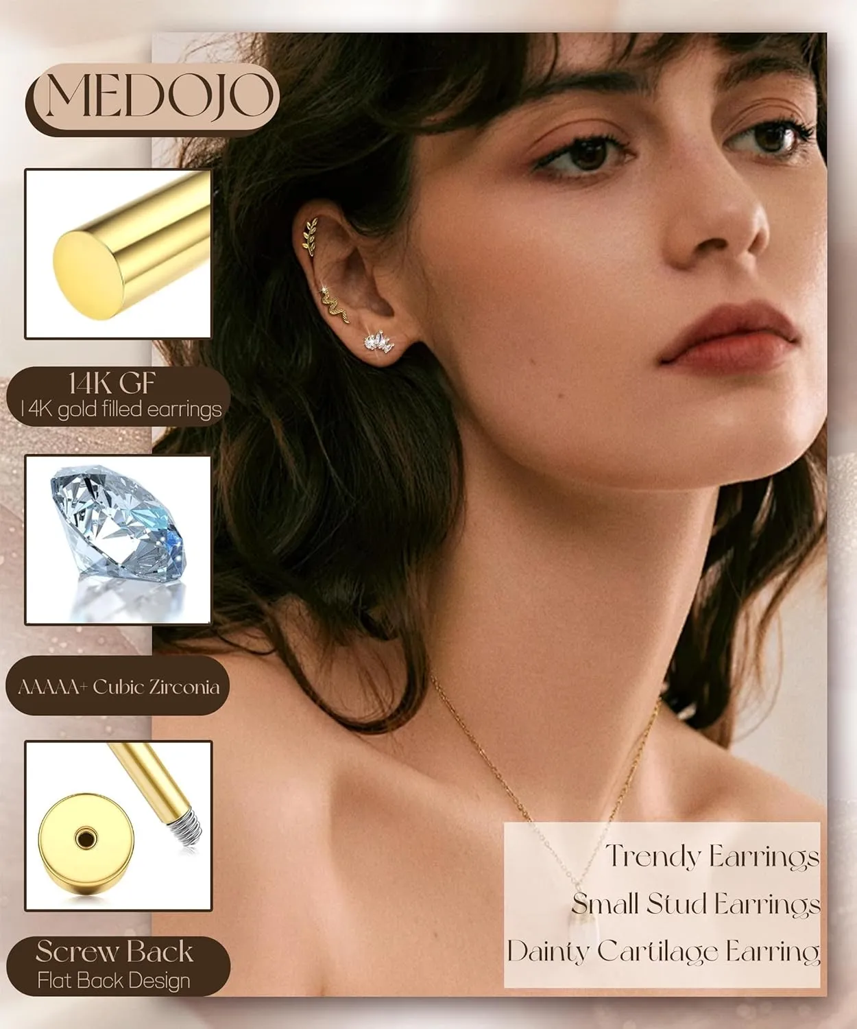 12 Pcs 16G Gold Silver Cartilage Earring for Women Stainless Steel Star Flower Leaf Snake Opal CZ Stud Earrings Cartilage Helix Conch Piercing Jewelry for Women