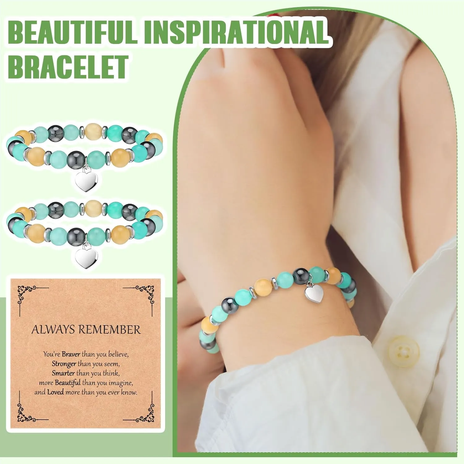 12 Pieces Inspirational Natural Stone Gifts Sweet Heart Beaded Bracelets with Cards Gifts