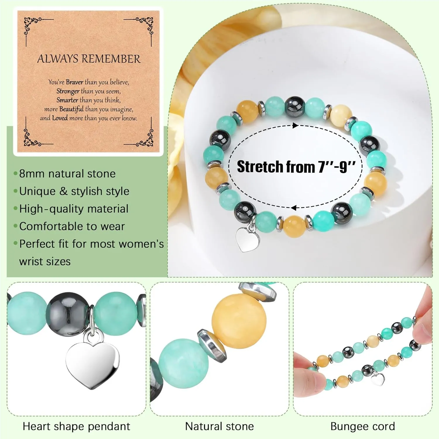 12 Pieces Inspirational Natural Stone Gifts Sweet Heart Beaded Bracelets with Cards Gifts