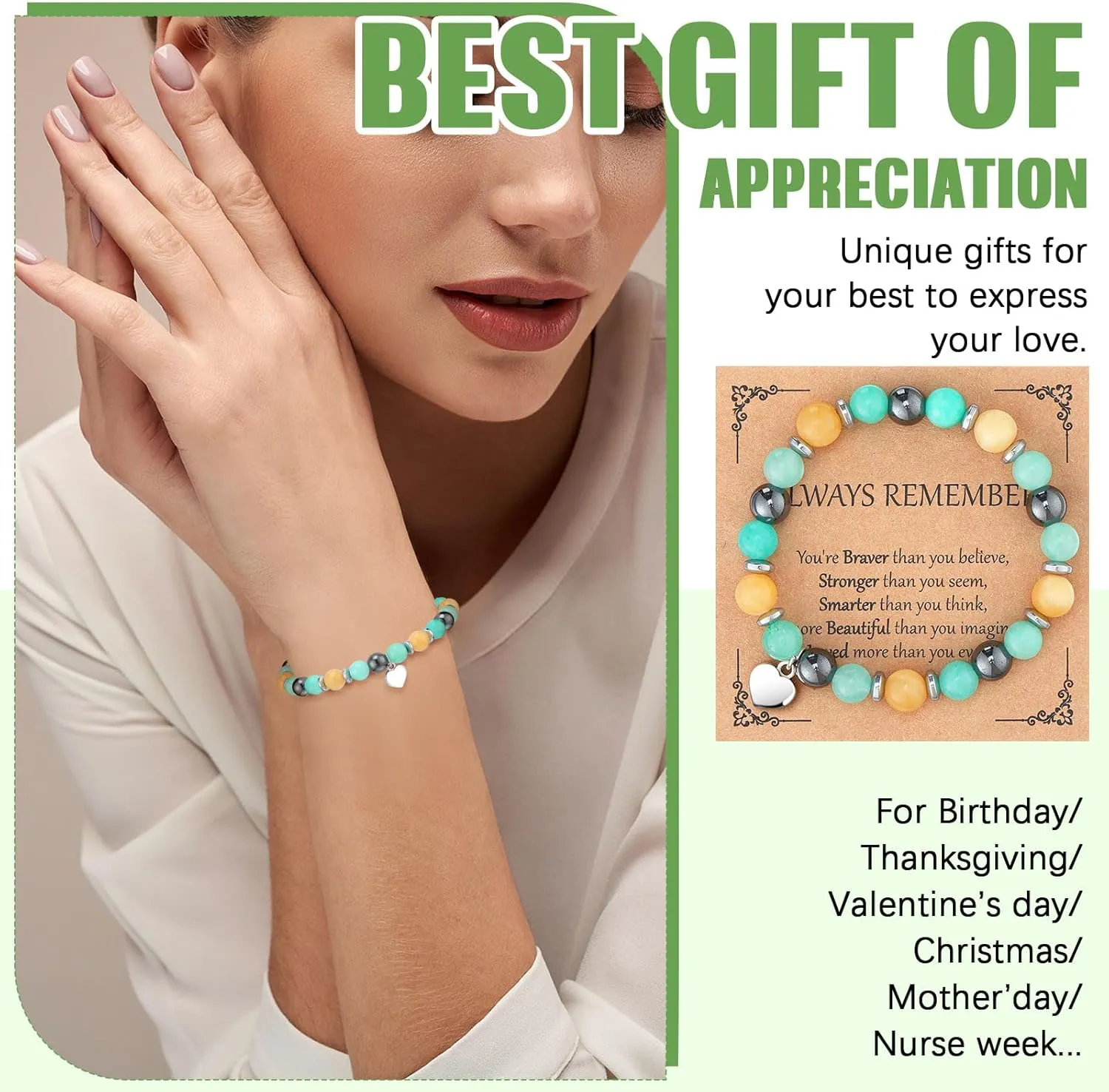 12 Pieces Inspirational Natural Stone Gifts Sweet Heart Beaded Bracelets with Cards Gifts
