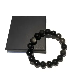12mm Energy Healing Bracelets-Natural Silver Black Obsidian Bracelets-Blessing Obsidian Bracelet Protection from Negative Energies&Bringing Wealth&Good fortune (12mm Silver Obsidian Bracelet)