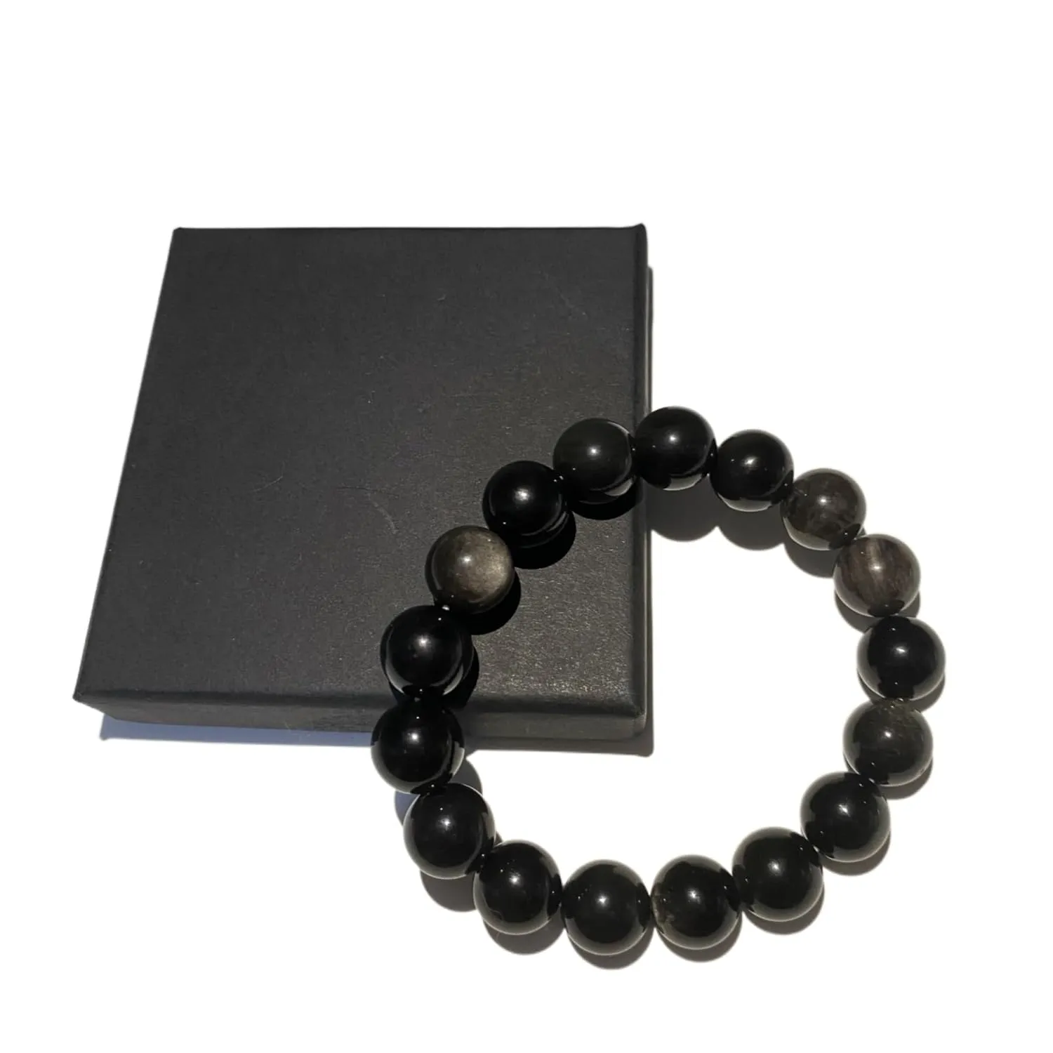 12mm Energy Healing Bracelets-Natural Silver Black Obsidian Bracelets-Blessing Obsidian Bracelet Protection from Negative Energies&Bringing Wealth&Good fortune (12mm Silver Obsidian Bracelet)