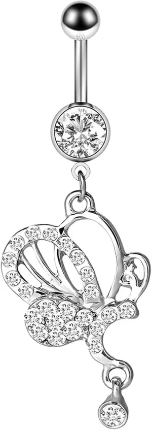 14G Belly Button Rings, Belly Button Rings Dangle Stainless Steel Belly Button Rings Hollow Butterfly Cubic Zirconia Belly Button Jewelry