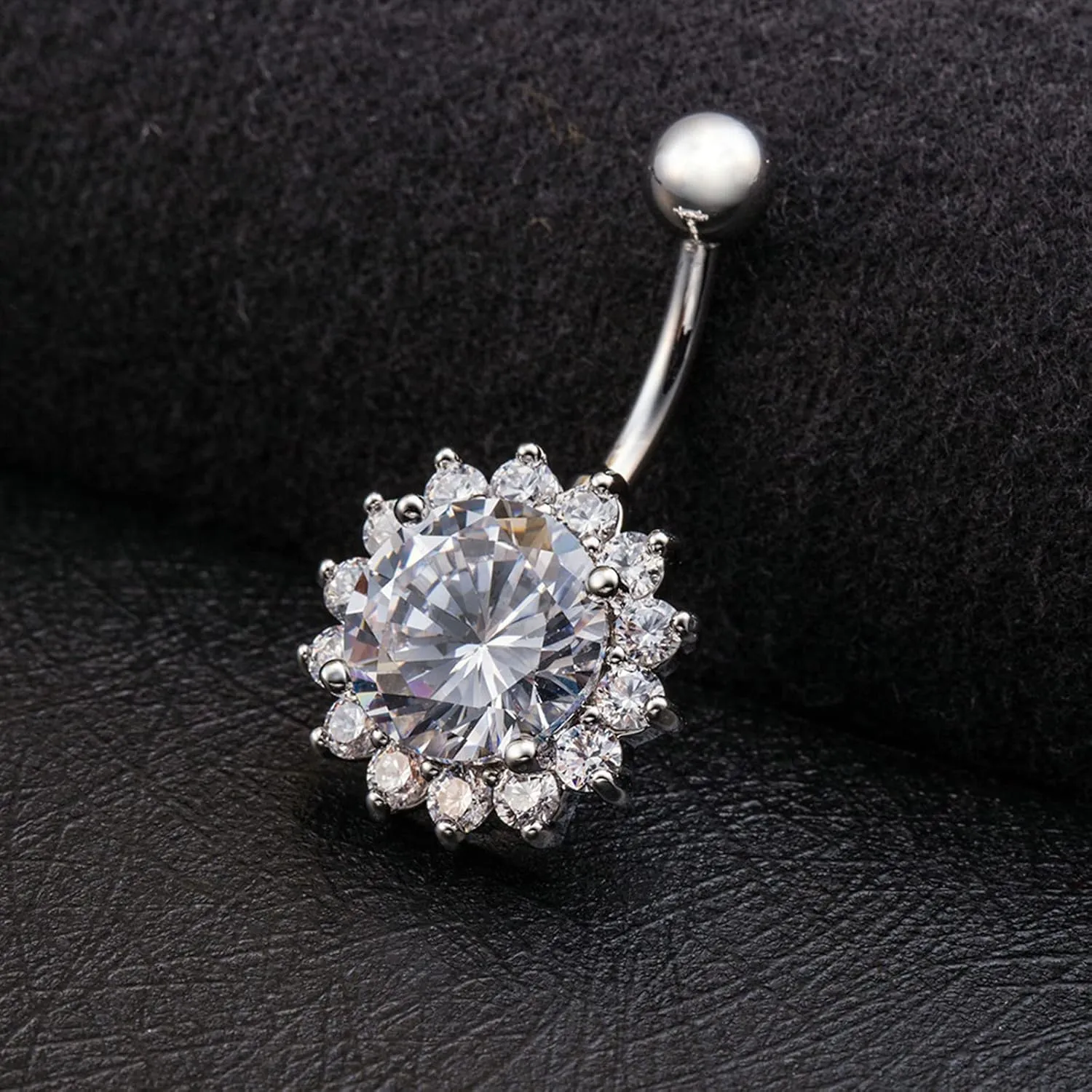 14G Belly Rings Surgical Steel, Round Flower Belly Piercing Ring Cubic Zirconia Belly Button Rings 14 Gauge Stud