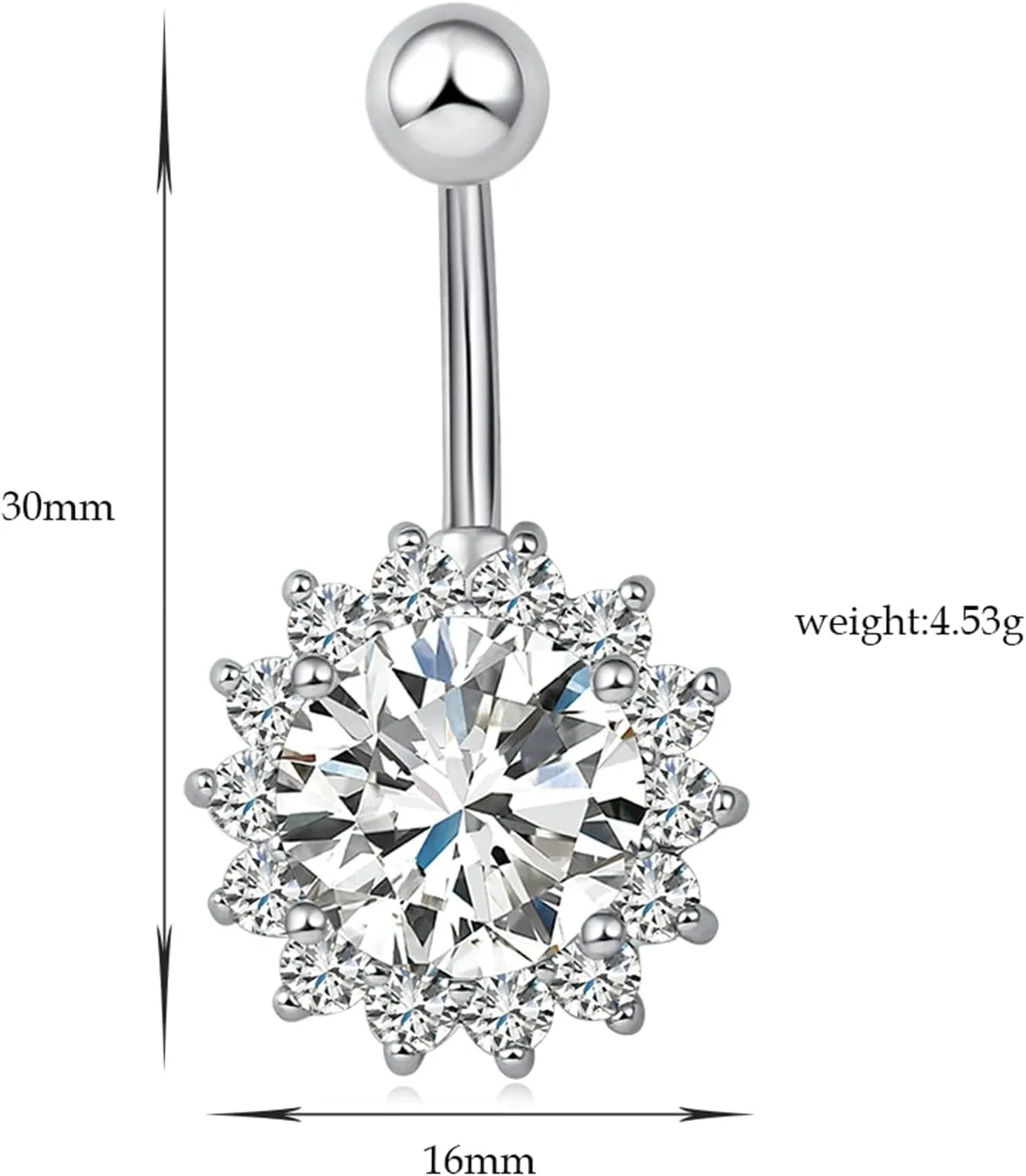 14G Belly Rings Surgical Steel, Round Flower Belly Piercing Ring Cubic Zirconia Belly Button Rings 14 Gauge Stud