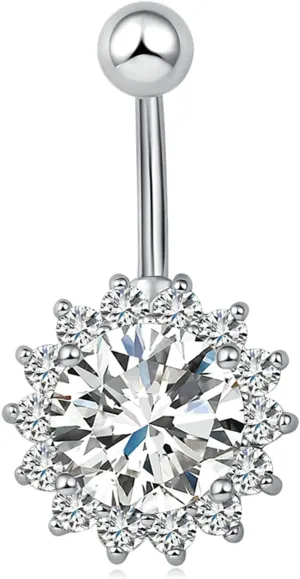 14G Belly Rings Surgical Steel, Round Flower Belly Piercing Ring Cubic Zirconia Belly Button Rings 14 Gauge Stud
