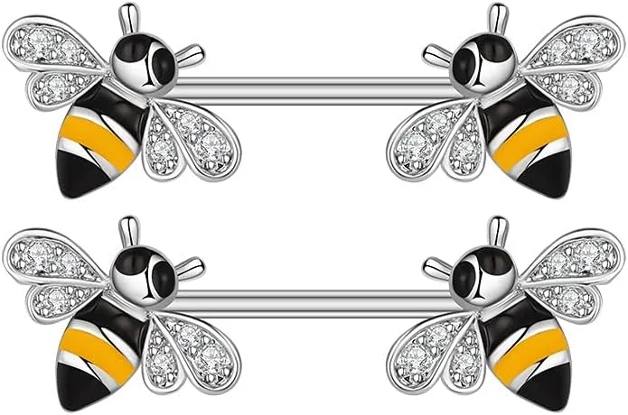 14G Cute Bee Stainless Steel Nipple Tongue Rings for Women Girls Crystal Cubic Zirconia Honeybee Barbells Nipplering Piercing Bar Nipple Studs Straight Shield Ring Sexy Body Jewelry