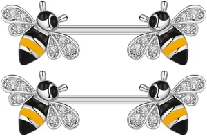 14G Cute Bee Stainless Steel Nipple Tongue Rings for Women Girls Crystal Cubic Zirconia Honeybee Barbells Nipplering Piercing Bar Nipple Studs Straight Shield Ring Sexy Body Jewelry