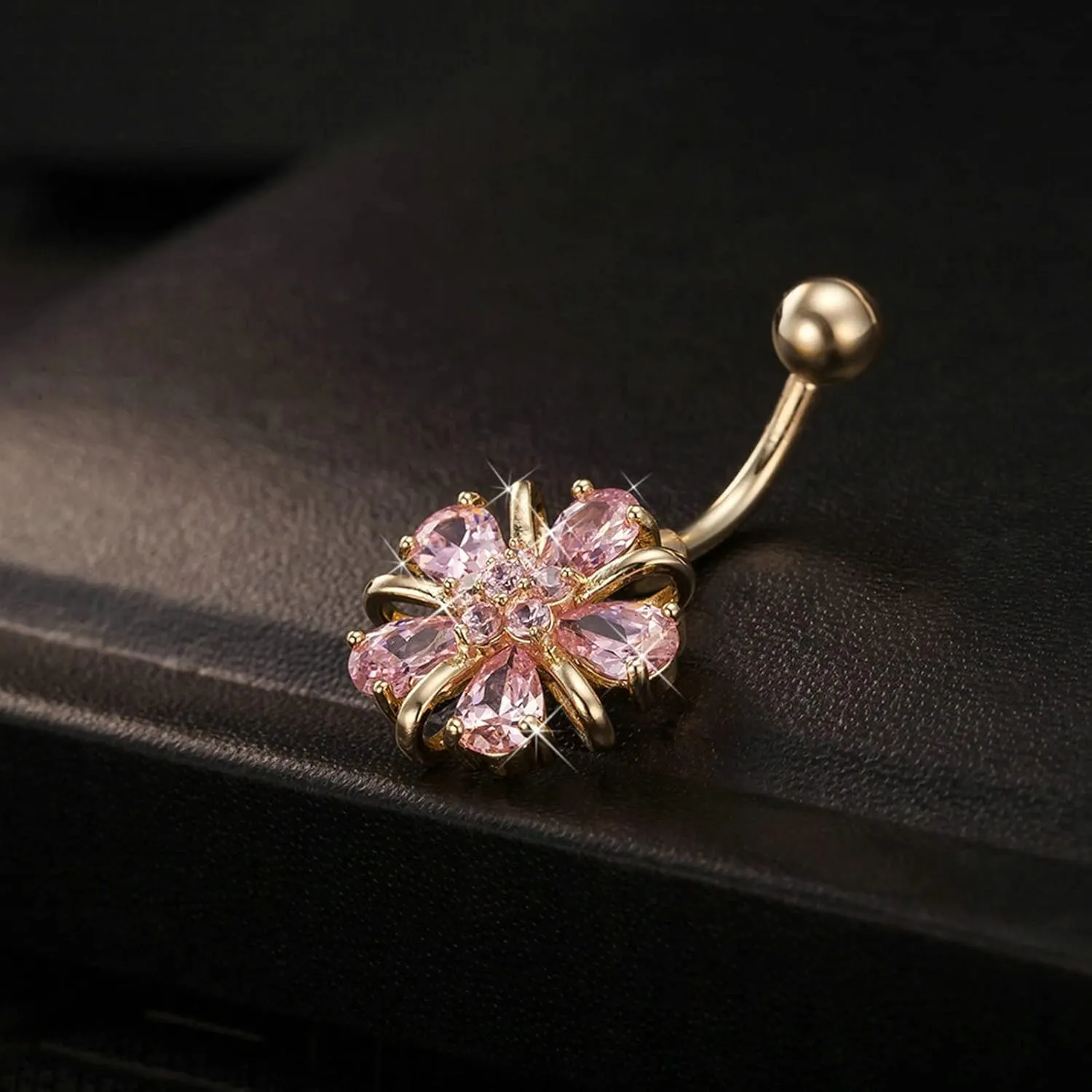 14G Navel Rings for Women Stainless Steel Belly Ring,Flower with Cubic Zirconia Belly Rings for Women White
