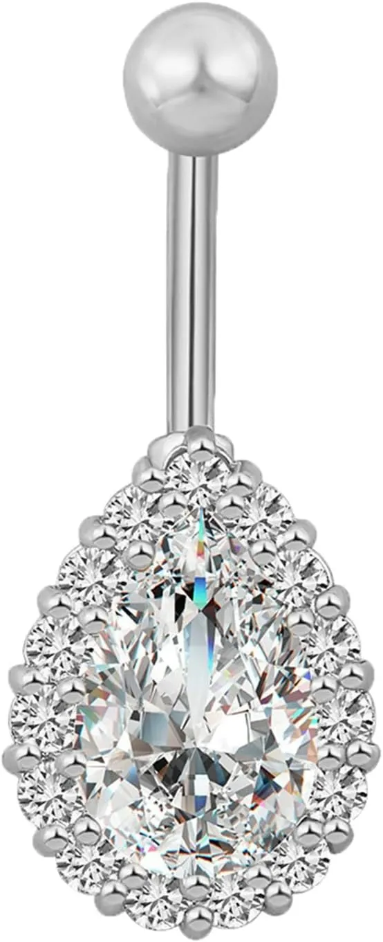14G Navel Rings for Women Stainless Steel Dangle Belly Button Rings,Teardrop with Cubic Zirconia Silver Navel Rings for Women
