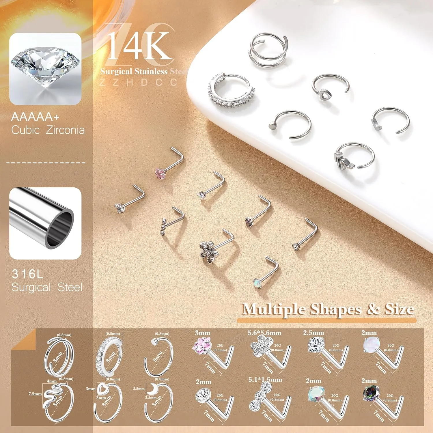 14K Gold Filled Nose Rings Studs 20G 316L Surgical Steel Nose Ring 14Pcs L Shaped Nose Studs CZ Hoop Nose Rings Set for Women Men Nose Piercing Jewelry