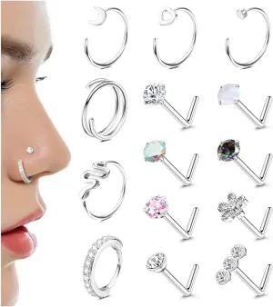14K Gold Filled Nose Rings Studs 20G 316L Surgical Steel Nose Ring 14Pcs L Shaped Nose Studs CZ Hoop Nose Rings Set for Women Men Nose Piercing Jewelry