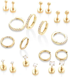 14K Gold Flat Back Earrings for Women: 10 Pairs Small Gold Hoop Stud Earrings for Women Hypoallergenic Surgical Stainless Steel Earring Cartilage Tragus Helix Conch Piercing Jewelry Earring Sets for Multiple Piercing