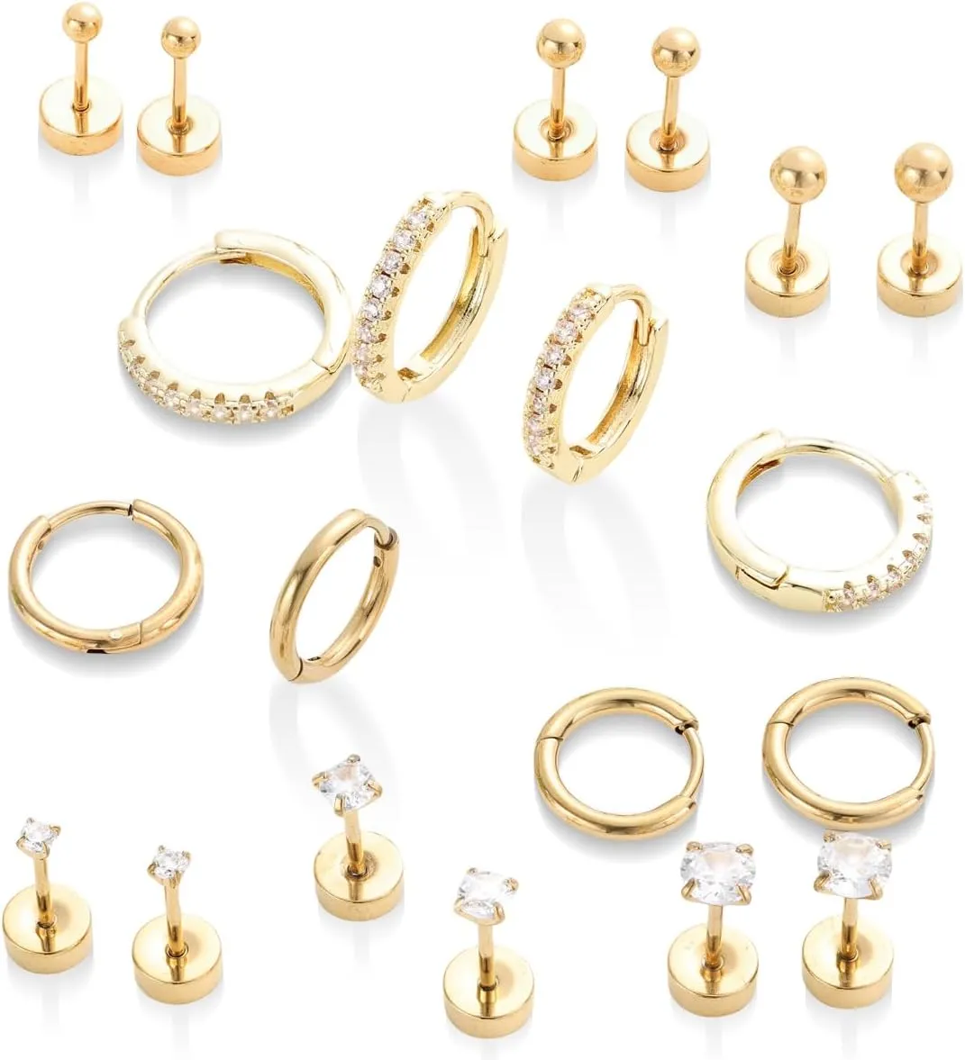 14K Gold Flat Back Earrings for Women: 10 Pairs Small Gold Hoop Stud Earrings for Women Hypoallergenic Surgical Stainless Steel Earring Cartilage Tragus Helix Conch Piercing Jewelry Earring Sets for Multiple Piercing