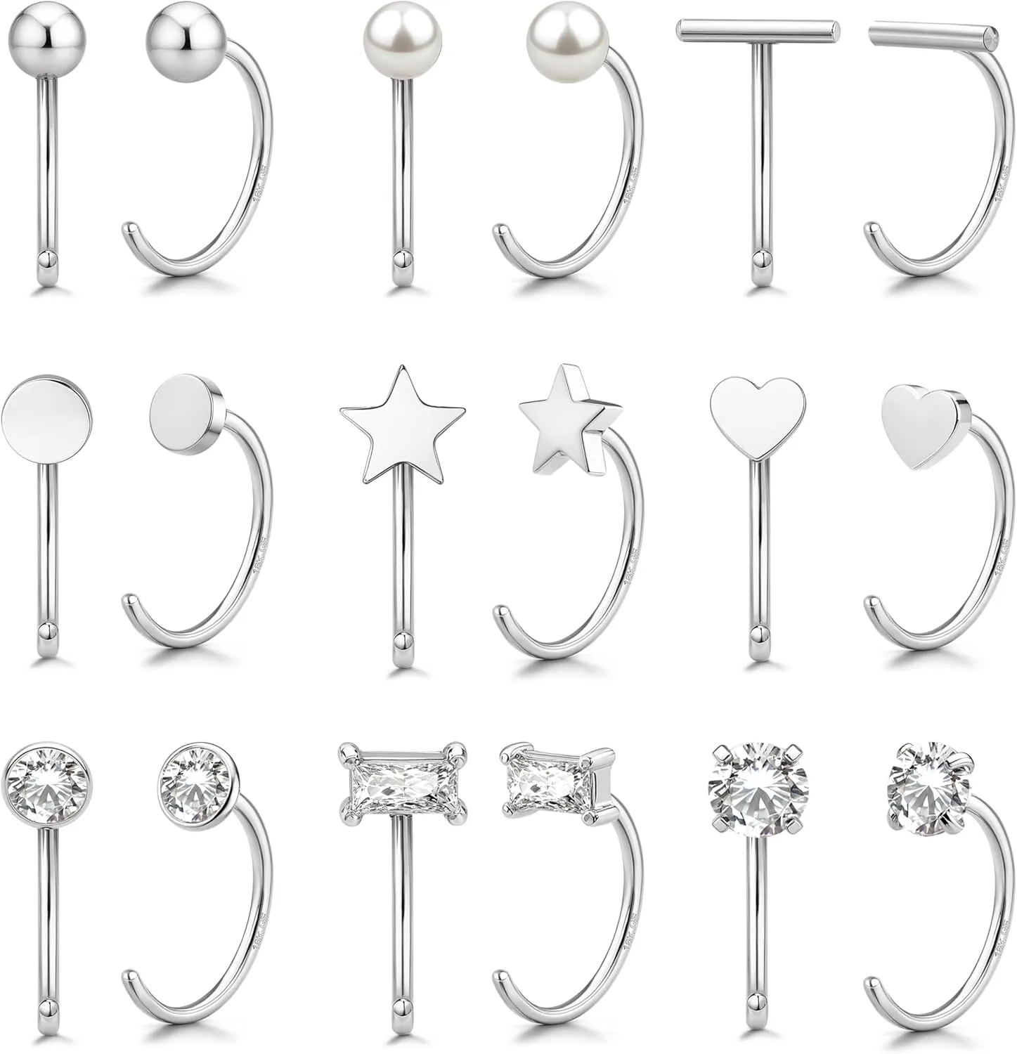 14K Gold Huggie Half Hoop Earrings Cartilage Helix Open Hugging Earrings for Women | 9 Pairs Hypoallergenic 316L Stainless Steel Jewelry Set with 5A CZ Pearl Heart Star Bar Dot Ball