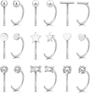 14K Gold Huggie Half Hoop Earrings Cartilage Helix Open Hugging Earrings for Women | 9 Pairs Hypoallergenic 316L Stainless Steel Jewelry Set with 5A CZ Pearl Heart Star Bar Dot Ball