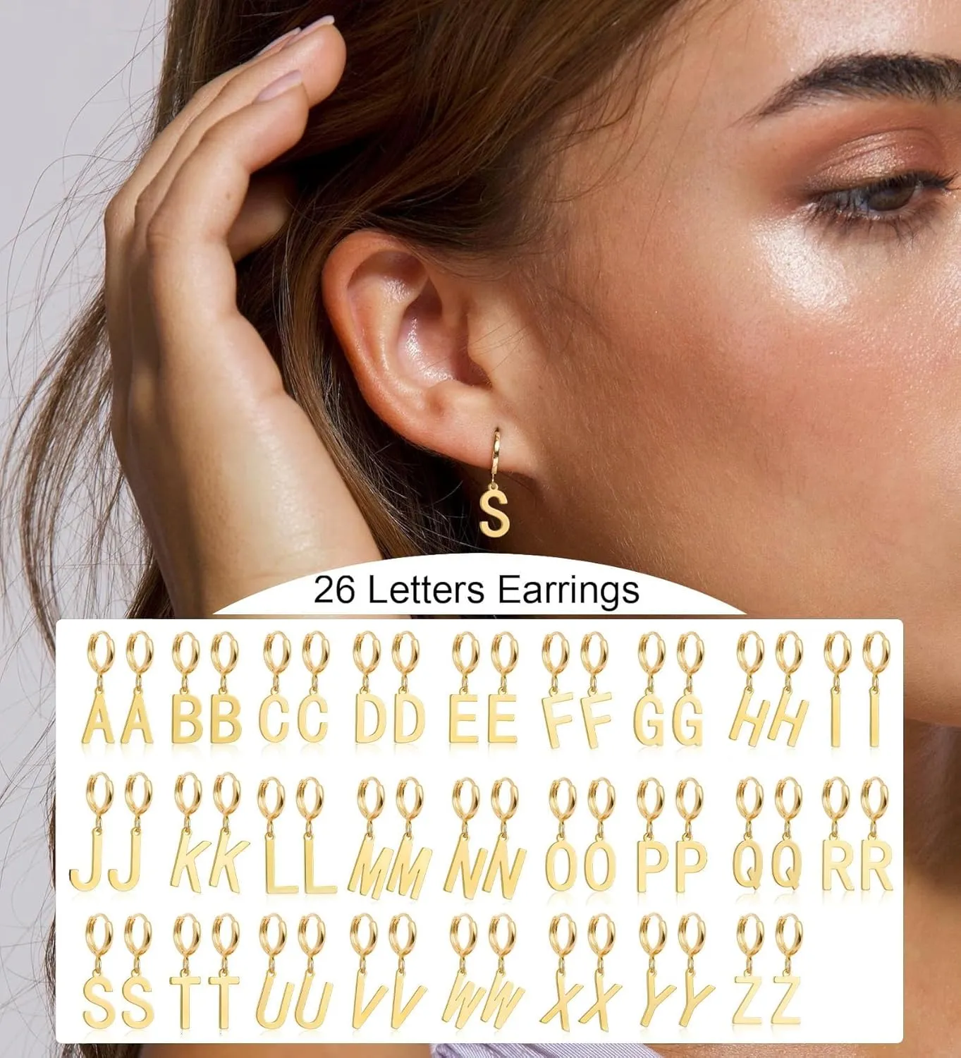 14K Gold Plated Initial Earrings, Dainty Gold Earrings Dangle Hoop Letter Earrings Cute Earrings for Women