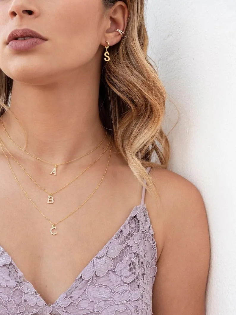 14K Gold Plated Initial Earrings, Dainty Gold Earrings Dangle Hoop Letter Earrings Cute Earrings for Women