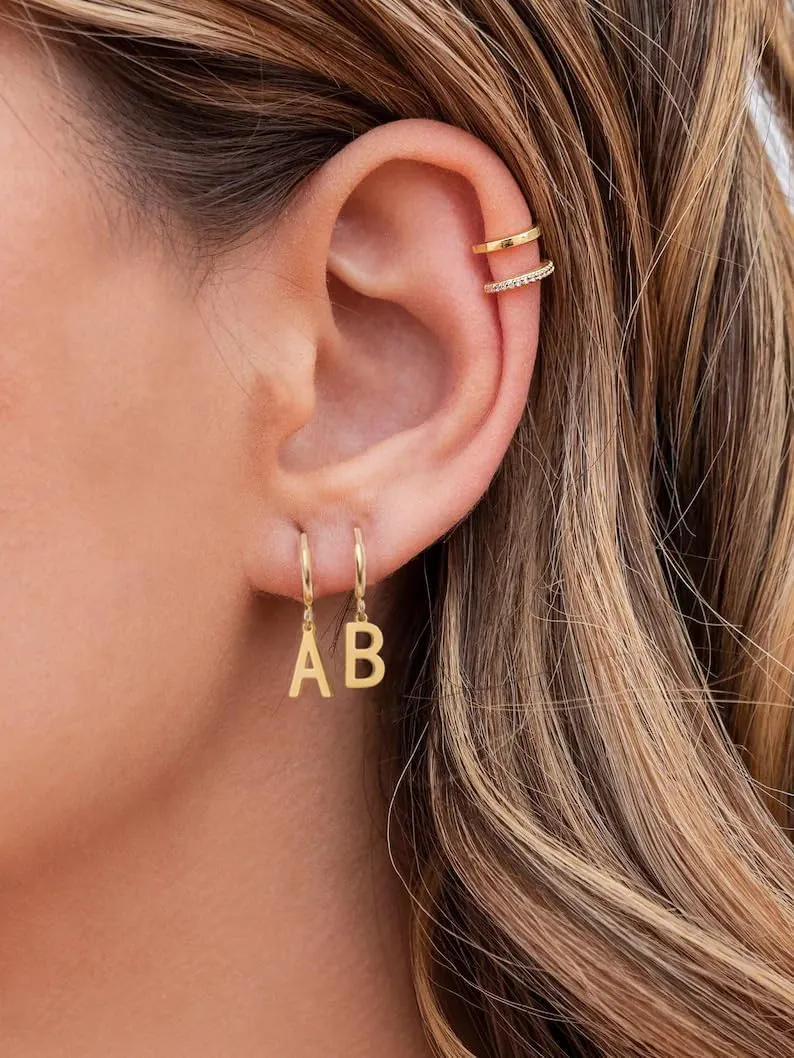 14K Gold Plated Initial Earrings, Dainty Gold Earrings Dangle Hoop Letter Earrings Cute Earrings for Women