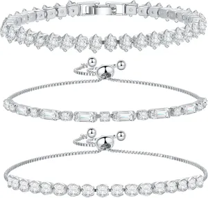 14K Gold Plated Tennis Bracelet Cubic Zirconia Classic Adjustable Bracelet Silver Bracelets for Women Girls Birthday Valentine Mother's Day Jewelry Gift