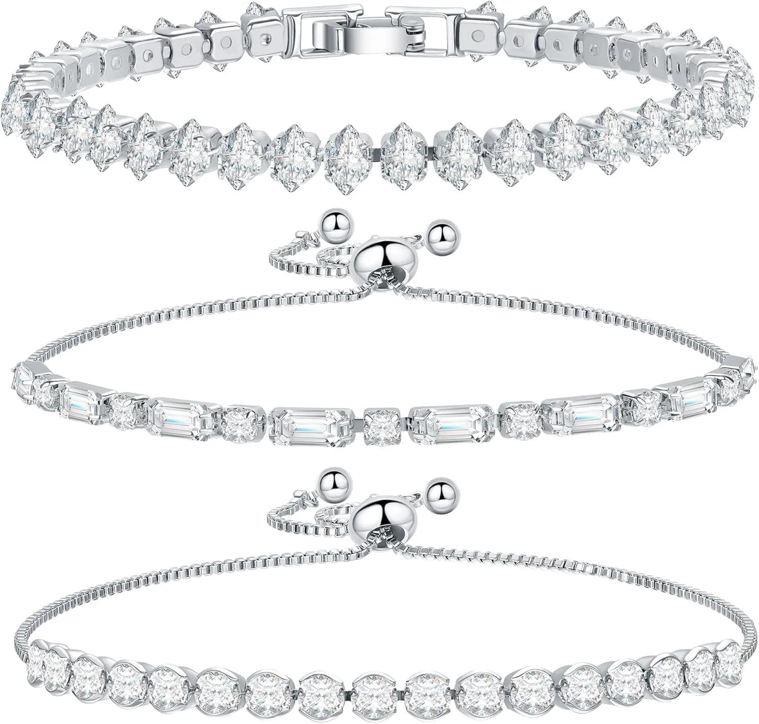 14K Gold Plated Tennis Bracelet Cubic Zirconia Classic Adjustable Bracelet Silver Bracelets for Women Girls Birthday Valentine Mother's Day Jewelry Gift