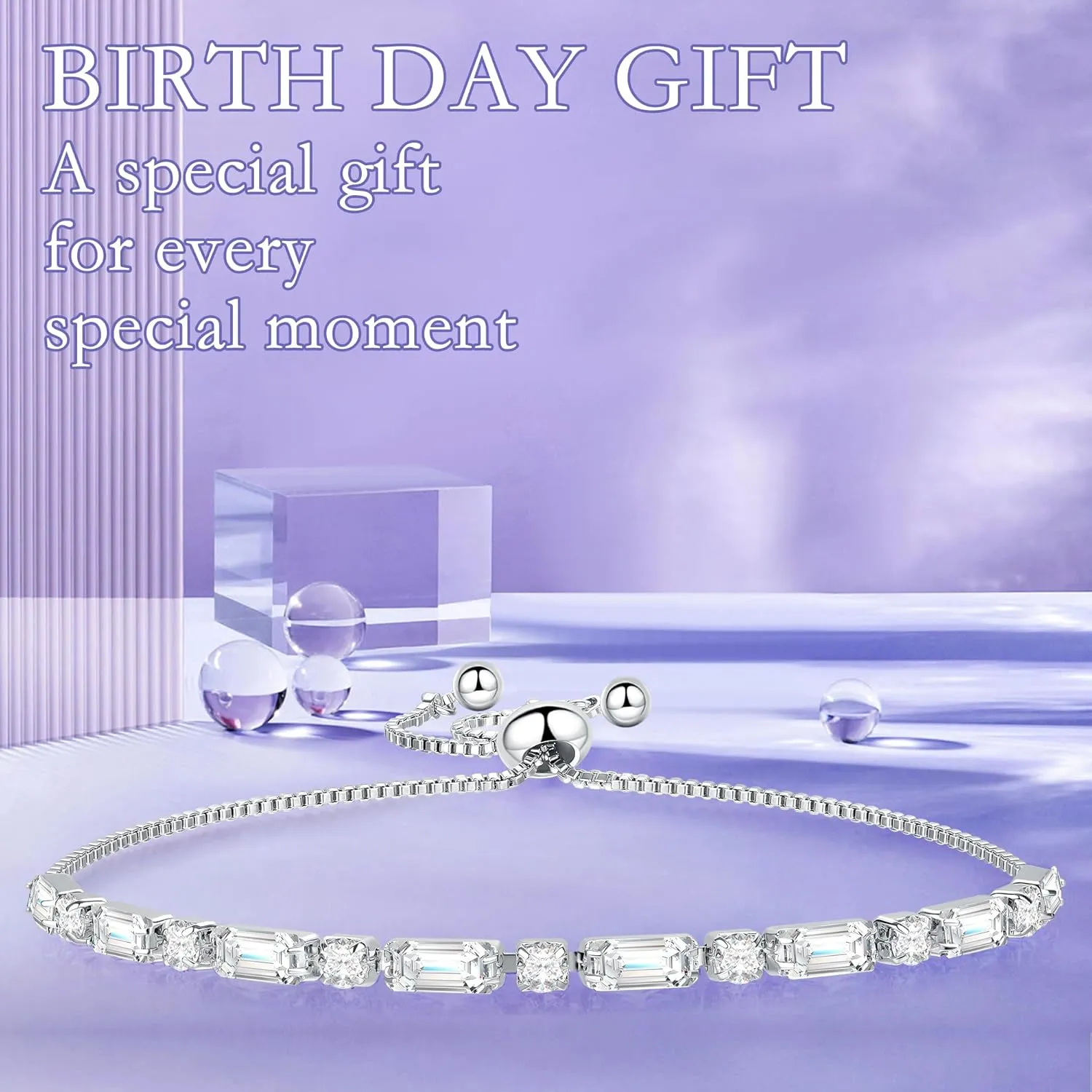 14K Gold Plated Tennis Bracelet Cubic Zirconia Classic Adjustable Bracelet Silver Bracelets for Women Girls Birthday Valentine Mother's Day Jewelry Gift