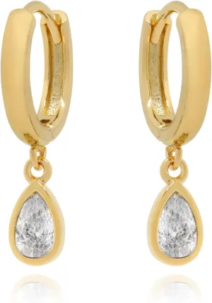 14k Solid Gold Teardrop Huggie Hoop Earrings, Pear Diamond (0.70ct) Dangle Hoop Earrings, Minimalist Hoops With Charm, Gift for Women.