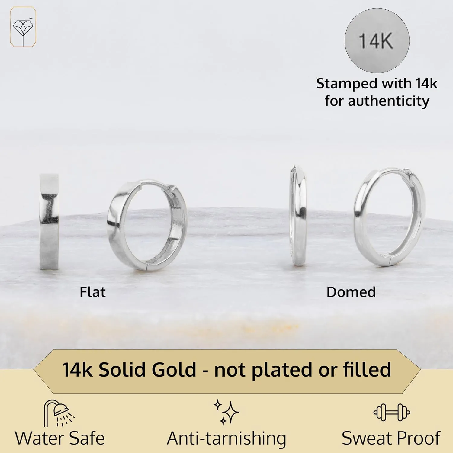14K Solid White Gold Huggie Earrings for Women | Domed or Flat Style Huggie Hoop Earrings for Women | Small Gold Huggies Hoops by MAX   STONE