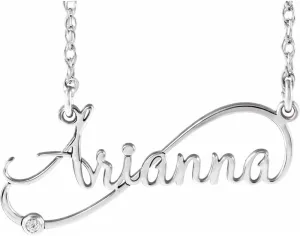 14k White Gold Round Shape Diamond Infinity-Inspired Script Nameplate Personalized Necklace Fine Jewelry for Women Gifts for Her (30x11.4mm, 015 cttw, H-I, I1-I2), 18"