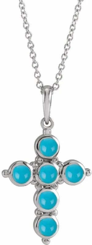 14k White Gold Round Shape Turquoise Religious Cross Necklace Fine Jewelry for Women Gifts for Her (25.95x14.31mm), 16-18"
