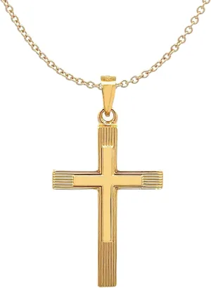 14K Yellow Gold and 14K White Gold Various Sizes Engine Turn Design Cross Religious Pendant Charm Necklaces Polished Fine Jewelry for Women and Men