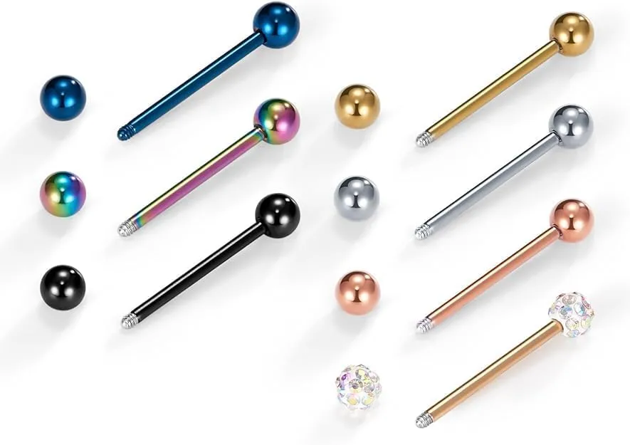 14pcs 14G 12-18mm Tongue Rings Nipple Straight Barbells Surgical Steel Body Piercing Jewelry