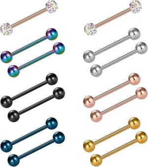 14pcs 14G 12-18mm Tongue Rings Nipple Straight Barbells Surgical Steel Body Piercing Jewelry