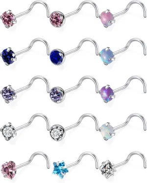 15 Pcs 18G 20G Surgical Steel Nose Rings Studs for Women Opal Nose Rings Diamond CZ Nose Studs L Shaped Nose Nostril Piercing Jewelry Hypoallergenic