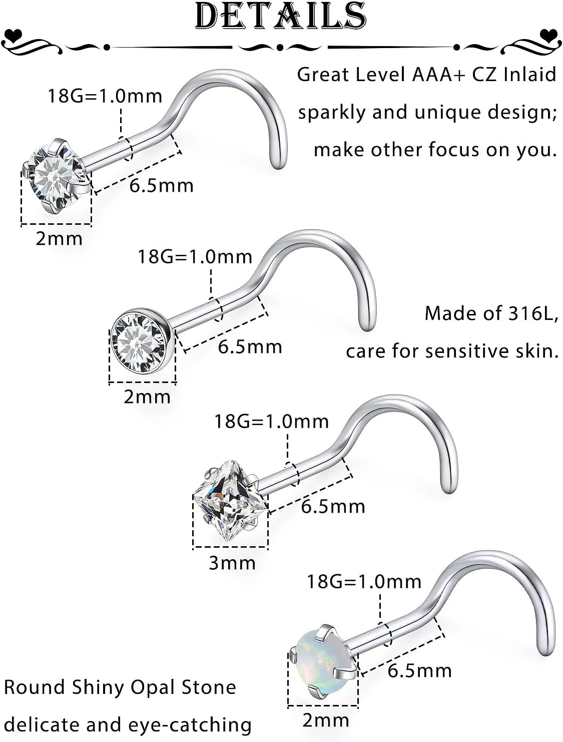 15 Pcs 18G 20G Surgical Steel Nose Rings Studs for Women Opal Nose Rings Diamond CZ Nose Studs L Shaped Nose Nostril Piercing Jewelry Hypoallergenic
