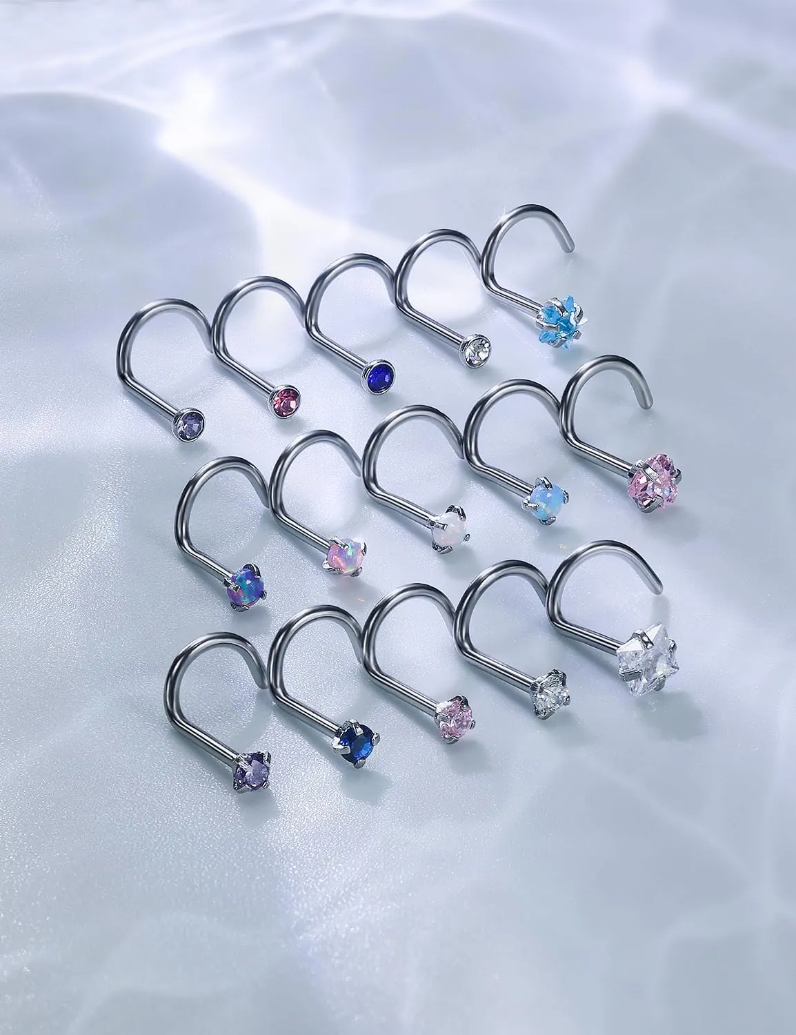 15 Pcs 18G 20G Surgical Steel Nose Rings Studs for Women Opal Nose Rings Diamond CZ Nose Studs L Shaped Nose Nostril Piercing Jewelry Hypoallergenic