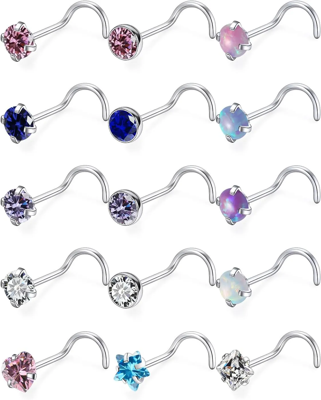 15 Pcs 18G 20G Surgical Steel Nose Rings Studs for Women Opal Nose Rings Diamond CZ Nose Studs L Shaped Nose Nostril Piercing Jewelry Hypoallergenic