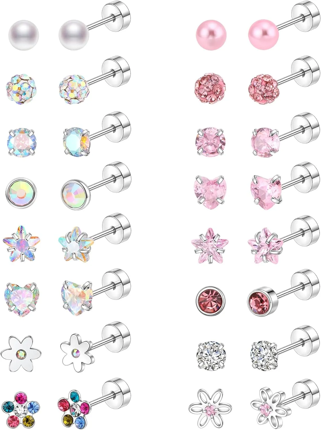 16 Pairs Hypoallergenic Screwback Earrings for Women Tiny CZ Pearl Ball Heart Flower Screw Back Earring Studs 316L Stainless Steel Stud Earrings Flatback Multicolored Earrings for Sensitive Ears