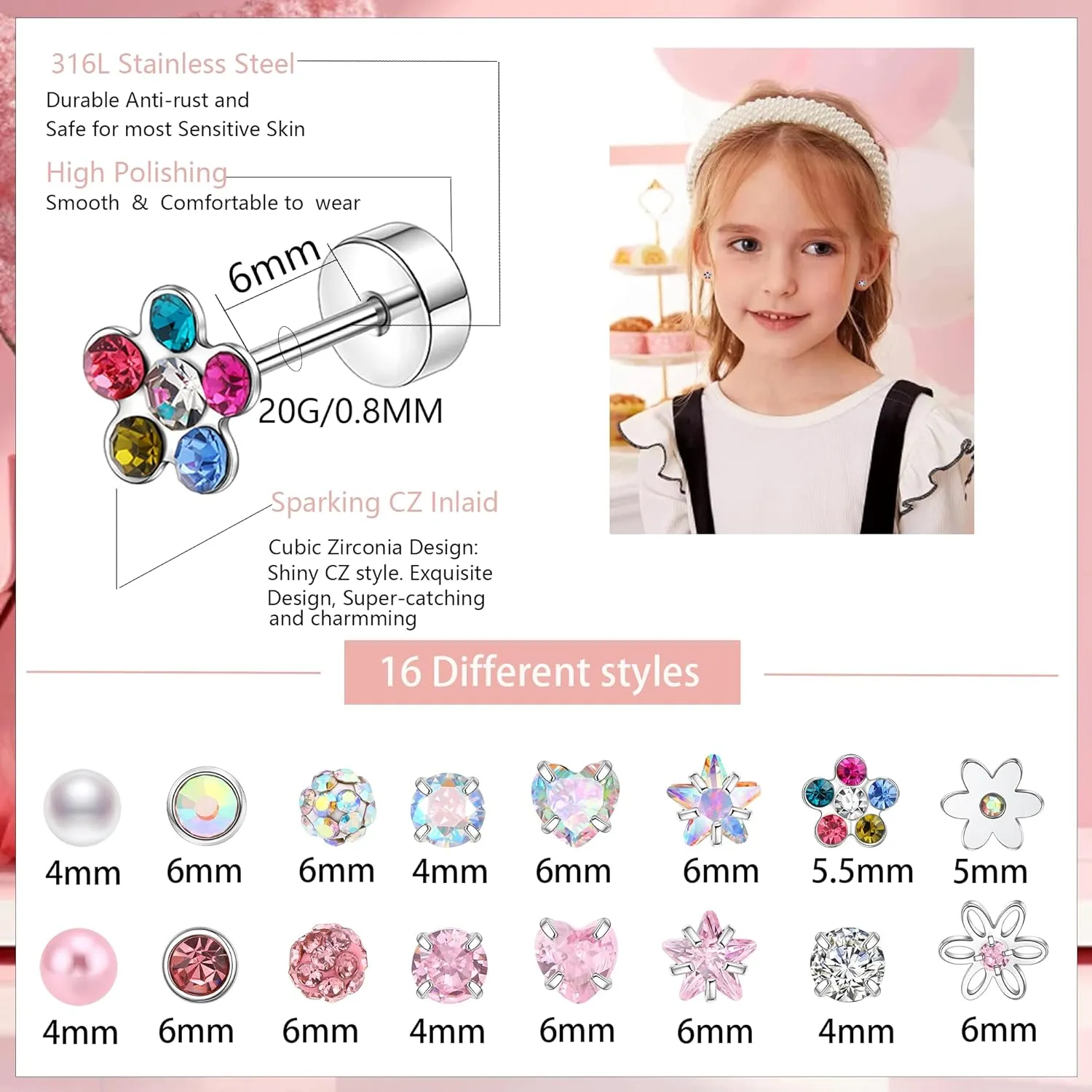 16 Pairs Hypoallergenic Screwback Earrings for Women Tiny CZ Pearl Ball Heart Flower Screw Back Earring Studs 316L Stainless Steel Stud Earrings Flatback Multicolored Earrings for Sensitive Ears