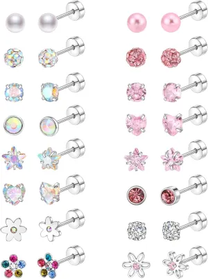 16 Pairs Hypoallergenic Screwback Earrings for Women Tiny CZ Pearl Ball Heart Flower Screw Back Earring Studs 316L Stainless Steel Stud Earrings Flatback Multicolored Earrings for Sensitive Ears