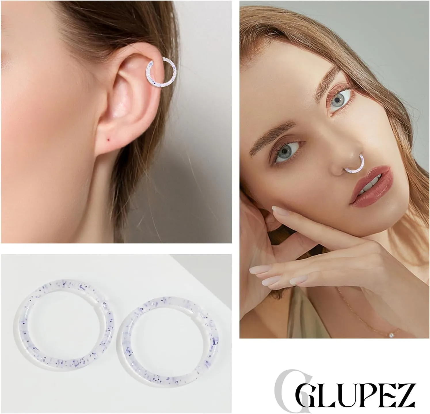 16G 20G Nose Septum Rings Acrylic Nose Nostril Hinged Hoop Ring Flexible Nose Rings Retainer Earring Clicker Helix Cartilage Piercing Jewelry for Women Men 8MM 10MM