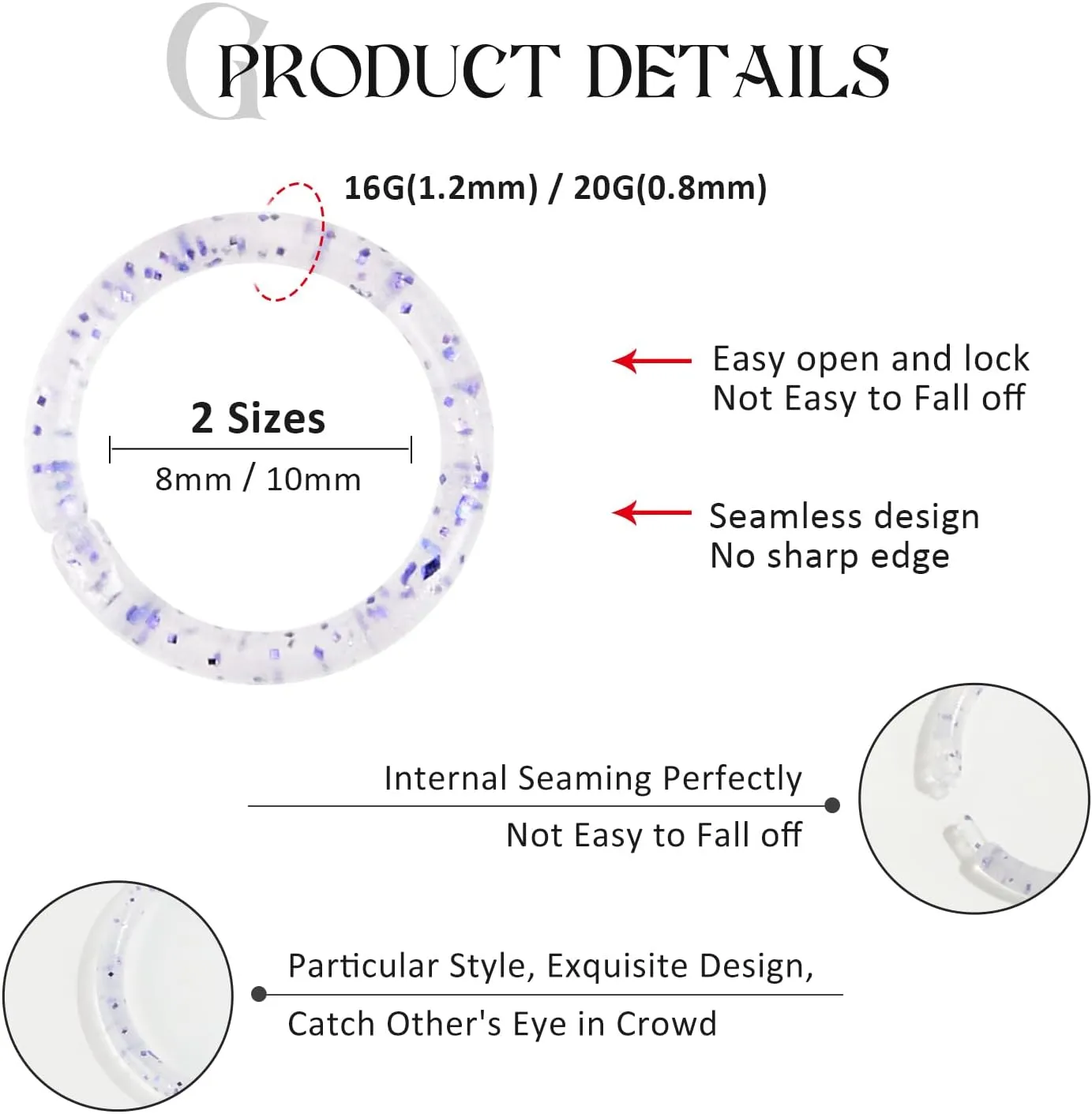 16G 20G Nose Septum Rings Acrylic Nose Nostril Hinged Hoop Ring Flexible Nose Rings Retainer Earring Clicker Helix Cartilage Piercing Jewelry for Women Men 8MM 10MM