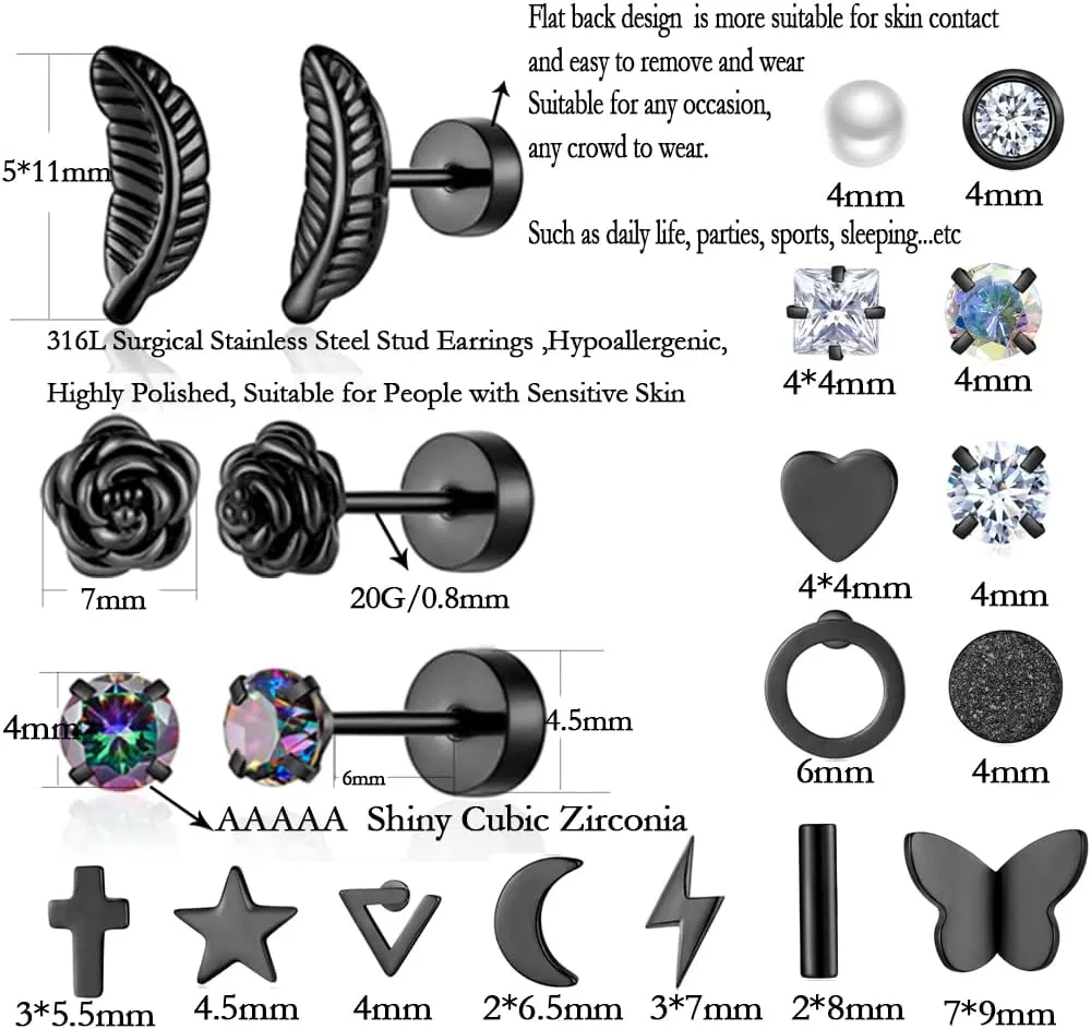18 Pairs Samll Stud Earrings for Women Men 316L Surgical Stainless Steel Hypoallergenic Flatback Earrings Cubic Zirconia Earring Studs for Gilr,Black Silver Gold 20G Earrings for Cartilage Tragus Helix Lobe Conch Piercing Jewelry