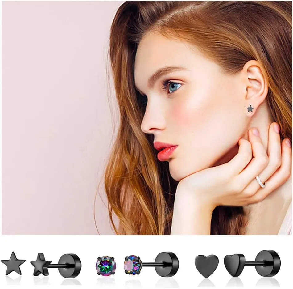 18 Pairs Samll Stud Earrings for Women Men 316L Surgical Stainless Steel Hypoallergenic Flatback Earrings Cubic Zirconia Earring Studs for Gilr,Black Silver Gold 20G Earrings for Cartilage Tragus Helix Lobe Conch Piercing Jewelry