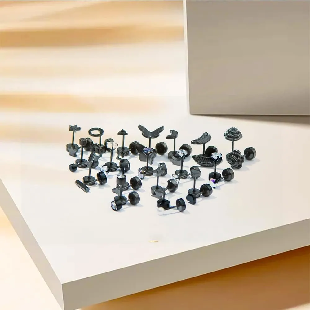 18 Pairs Samll Stud Earrings for Women Men 316L Surgical Stainless Steel Hypoallergenic Flatback Earrings Cubic Zirconia Earring Studs for Gilr,Black Silver Gold 20G Earrings for Cartilage Tragus Helix Lobe Conch Piercing Jewelry